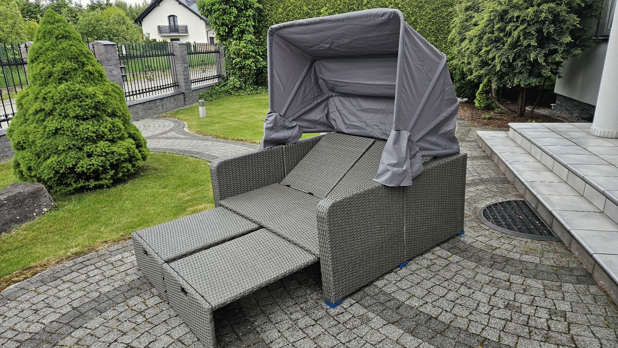 Sofa ogrodowa, leżanka, technoratan, szary, parasol, NEW! Germany