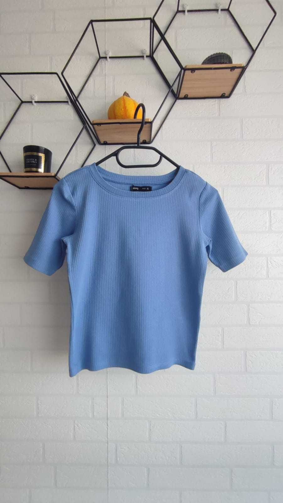 Niebieska prążkowana koszulka damska, młodzieżowa,t-shirt, XS/34