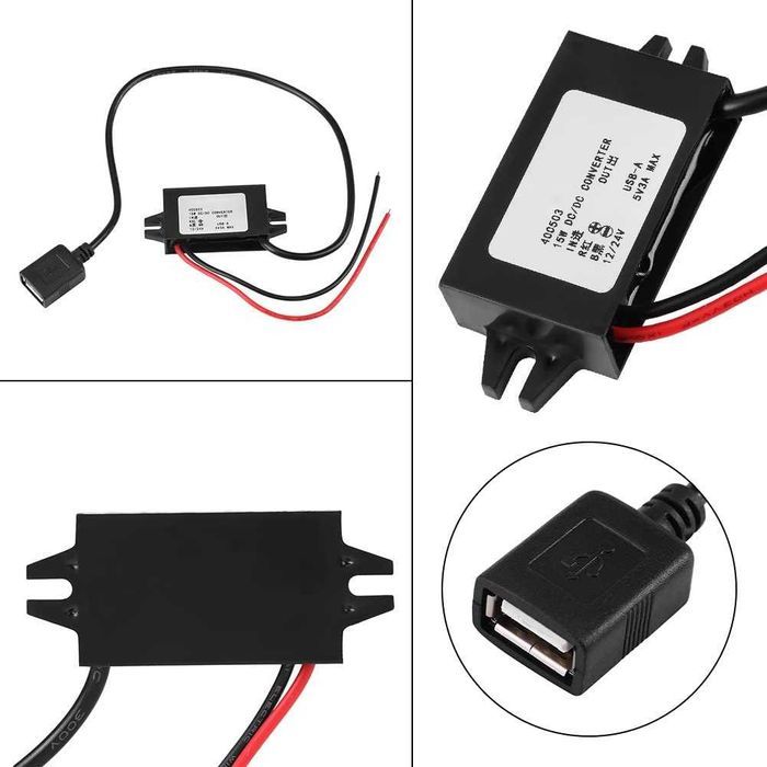 Adapter krokowy DC-DC 12 V / 24 V na USB 5 V 3 A wodoszczelny NOWY