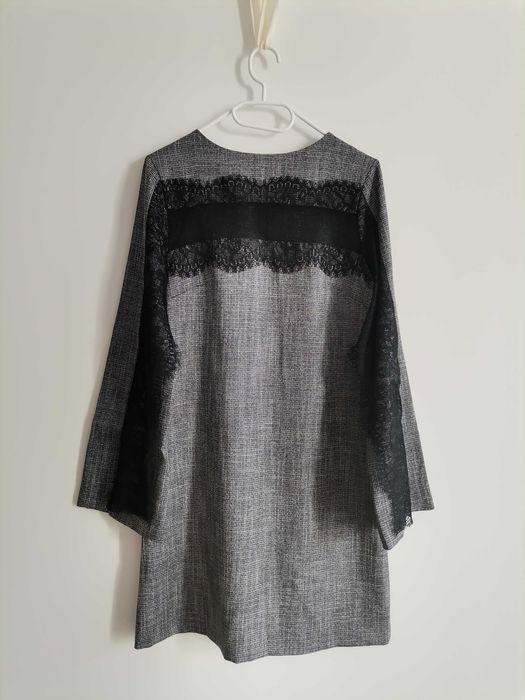 Vestido cinzento brilhante com renda preta, para Natal, Tamanho S