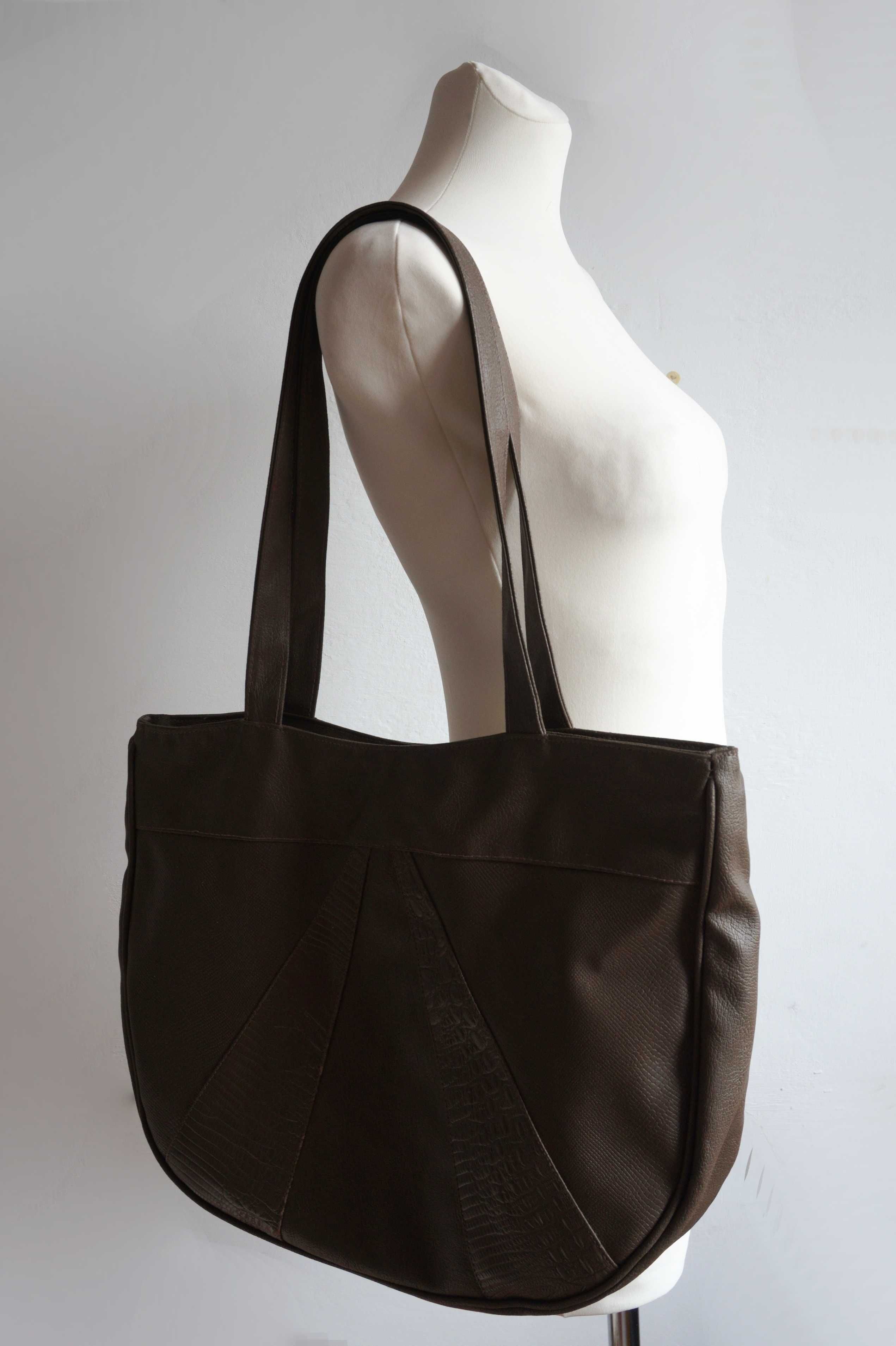Wielka torba shopper brąz taupe wzór krokodyl