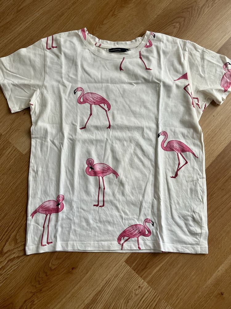 Biały t-shirt, koszulka basic we flamingi, house, xs