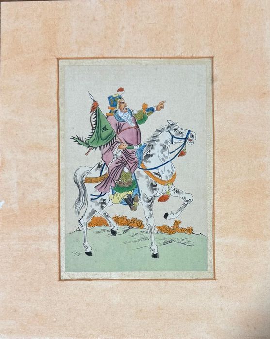 Figuras mitológicas chinesas pintadas em aguarela sobre  seda.