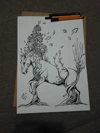 Rysunek: koń, cienkopis - blok tech. A3, 250 g/m2