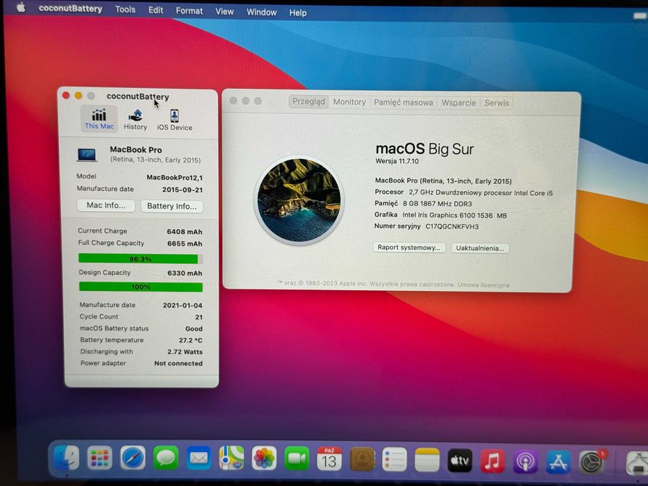 MacBook Pro 13 2015 i5 Nowa bateria 8GB RAM 128GB SSD Silver