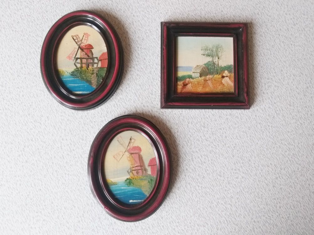 3 sztuki obrazków malowanych ręcznie, w ramkach