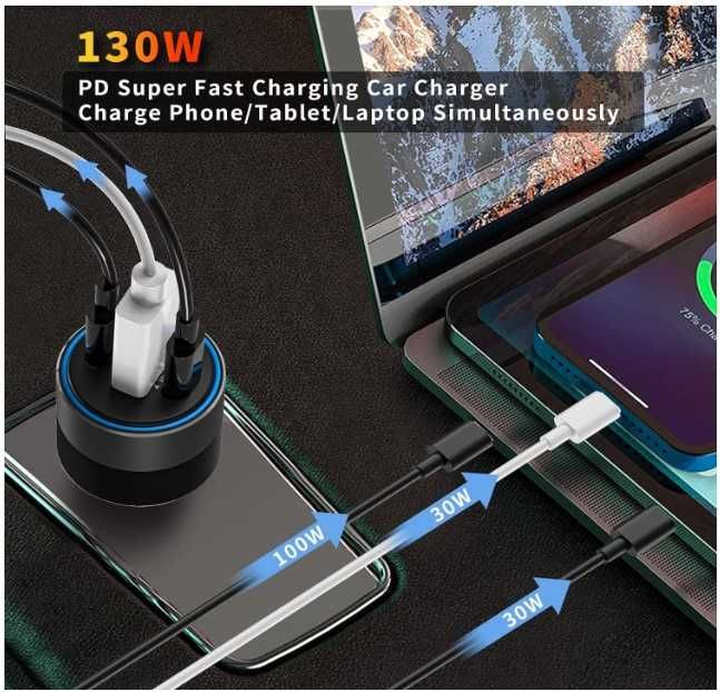 ładowarka samochodowa 130W, mocna ładowarka samochodowa USB / USB-C