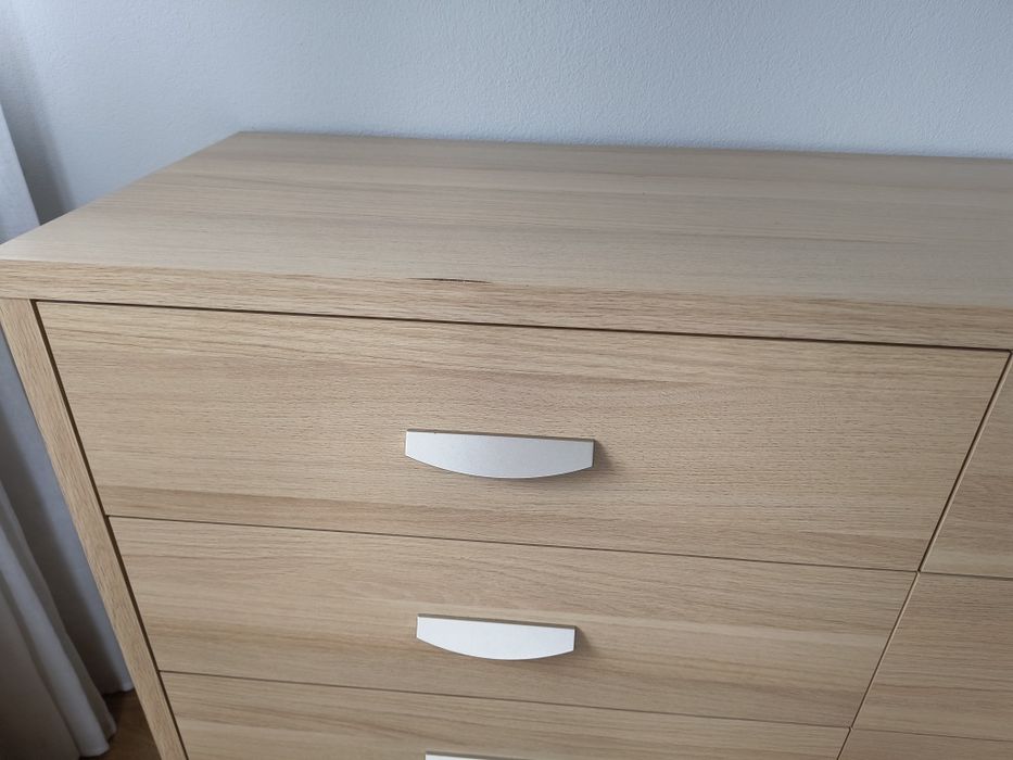 Łóżko 160x200 + stelaż + panele ścienne + 2 szafki nocne + komoda