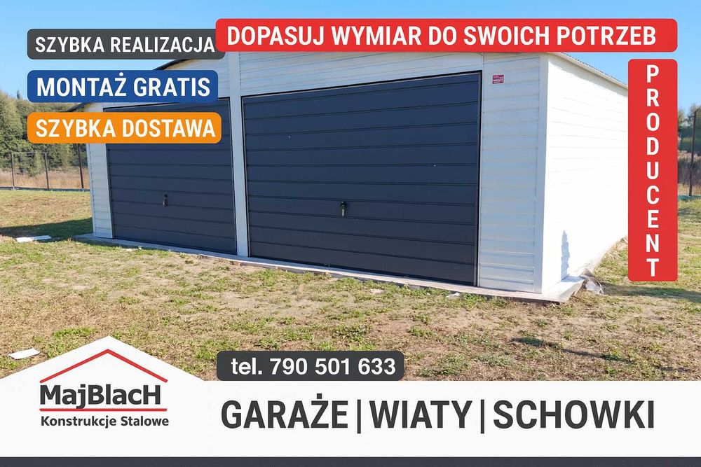 Biały + Grafit Garaż Blaszany Drewnopodobny Dwuspadowy – Maj-Blach