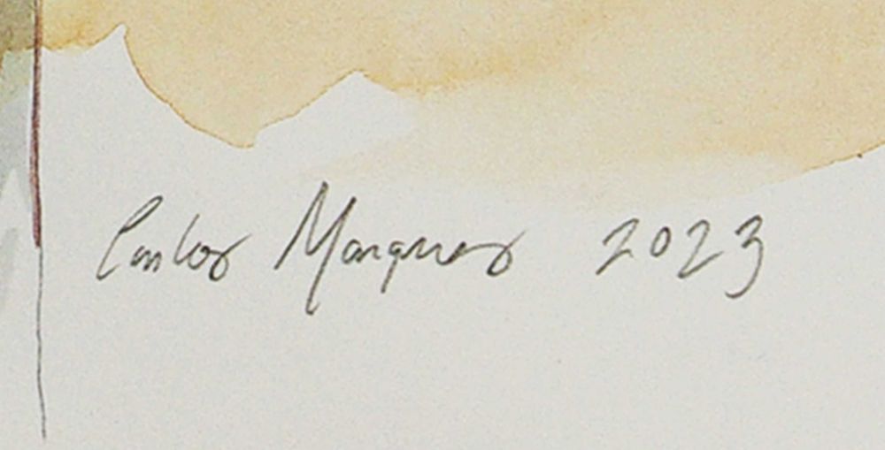 Monte Alentejano com natureza morta. Aguarela de Carlos Marques