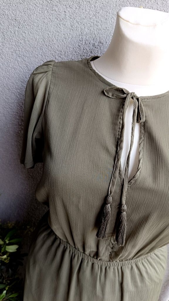 Sukienka midi boho hippie M L biust 48x2 motylkowe rękawy khaki