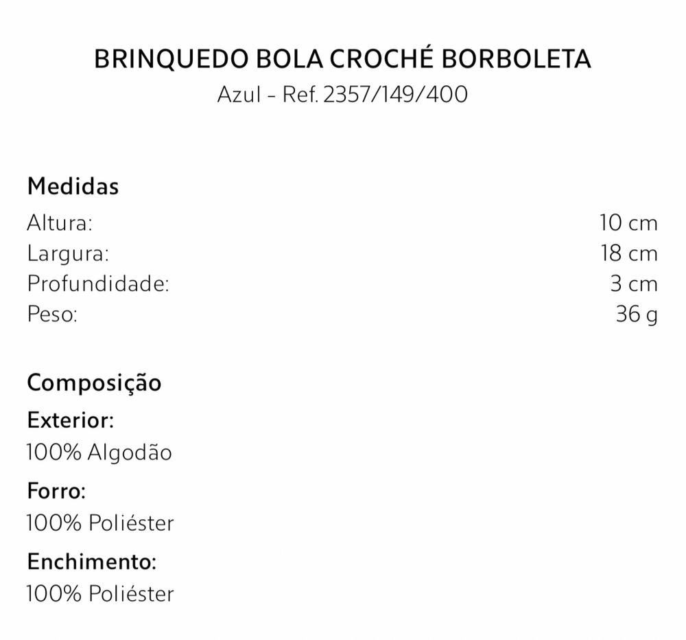 Brinquedo Croché Borboleta Zara Home NOVO
