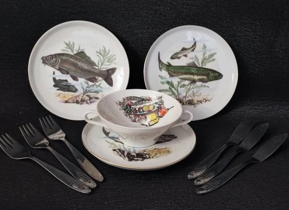 Porcelana vintage + sztuczce Zestaw do ryby Talerze Bulionówka