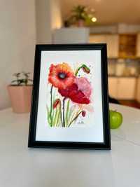 Pintura a aguarela com moldura /Poppies Watercolor Painting with frame