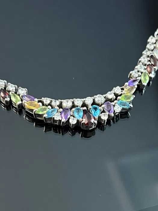 Srebrny naszyjnik z Granatami, Akwamarynami, Cyrkoniami ...