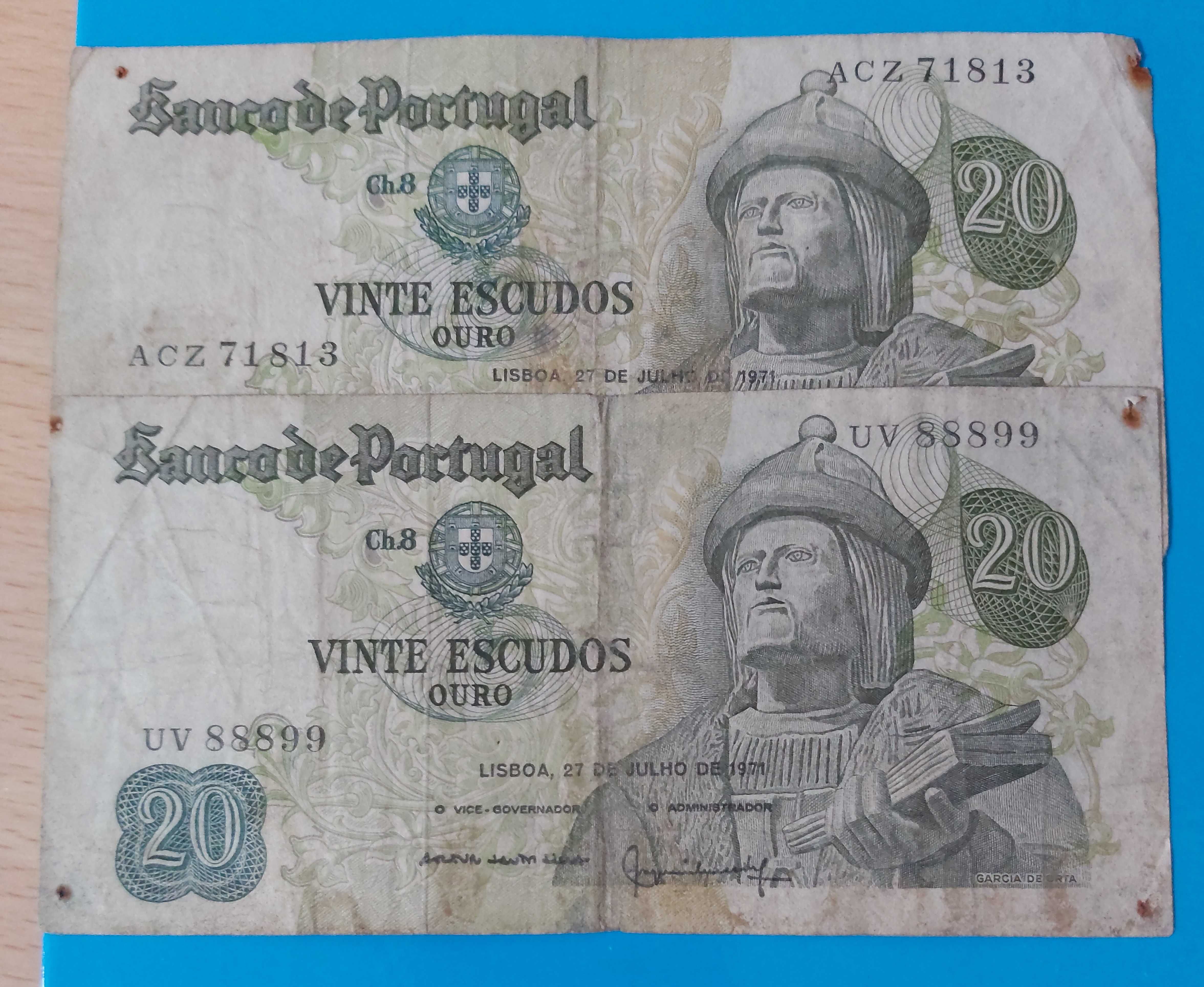 2 Notas de 20$00 de Portugal, CH 8, Garcia de Orta de 1971