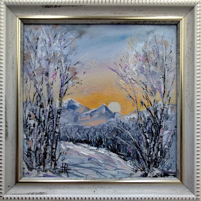 Новорічний декор, картина "Зимовий пейзаж" 17х17см, в рамці, олія.