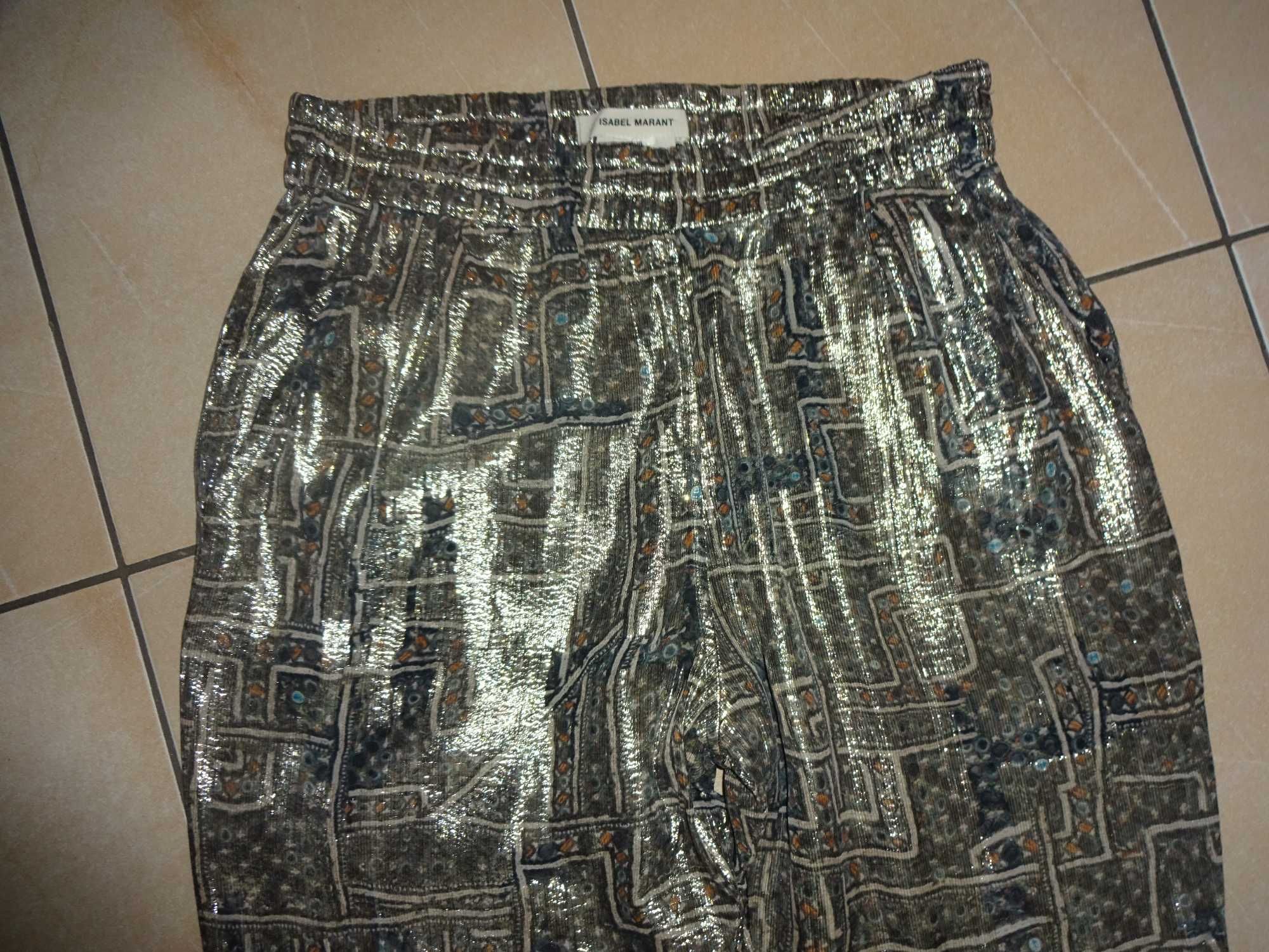 Isabel Marant H&M pour jedwabne cieńkie metaliczne złote spodnie