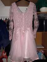 Super pudrowa sukienka na wesele koronka tiul S 36