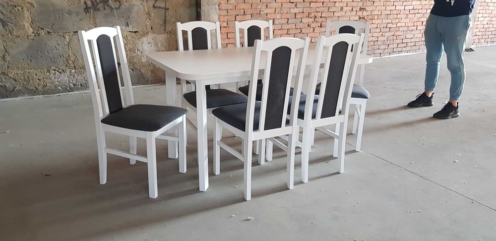 Nowe : STÓŁ 80x140/180 + 6 KRZESEŁ, BIAŁY + GRAFIT , dostawa PL