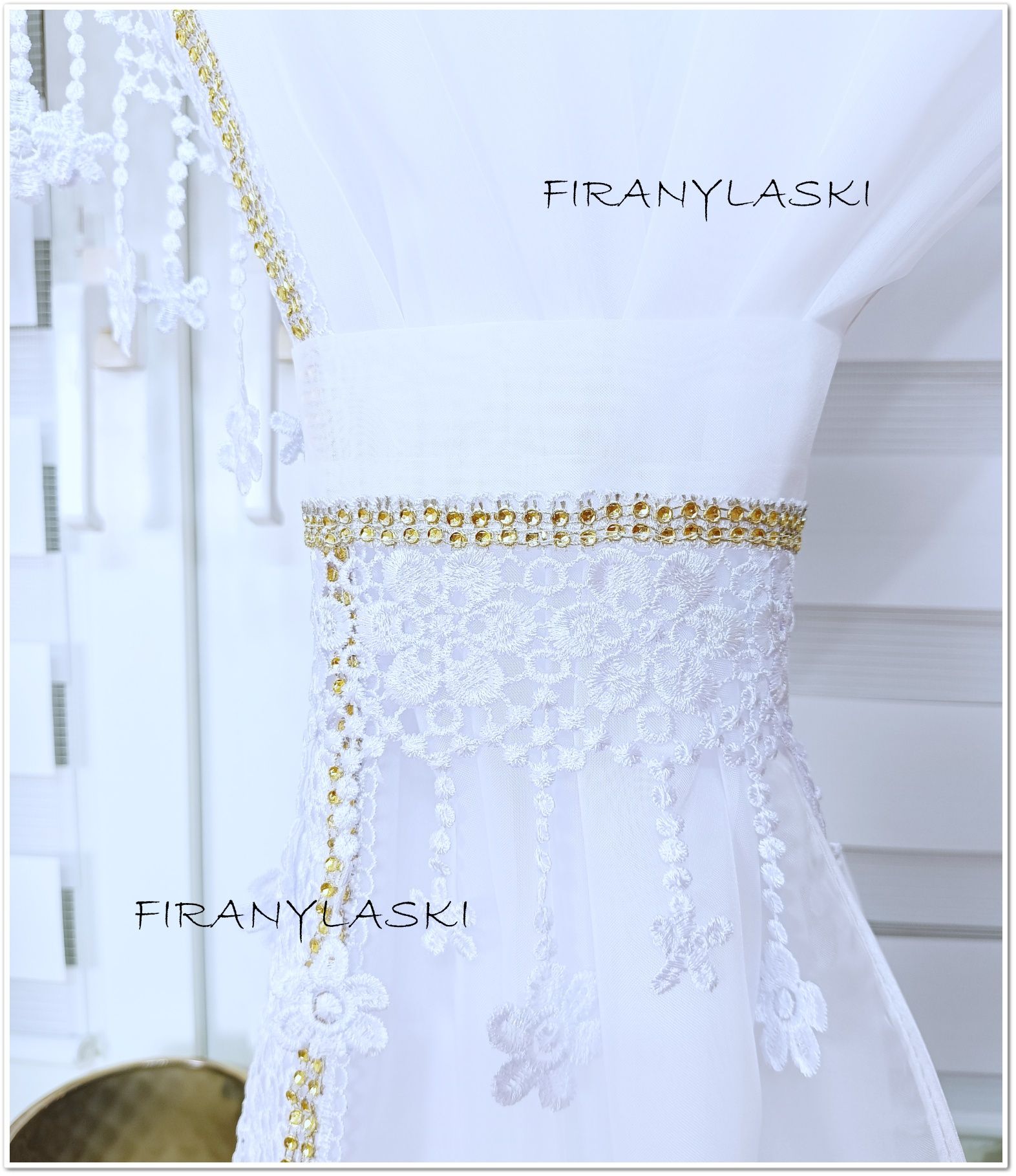 Firana Firany balkonowe gipiura złote cyrkonie