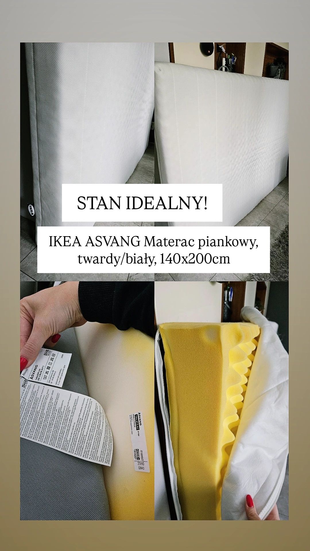 Stan idelany! IKEA ASVANG Materac piankowy twardy biały 140x200
St