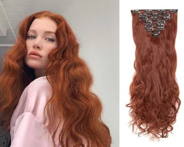 Doczepiane włosy clip in ciepły rudy brąz 65 cm 8 tresek