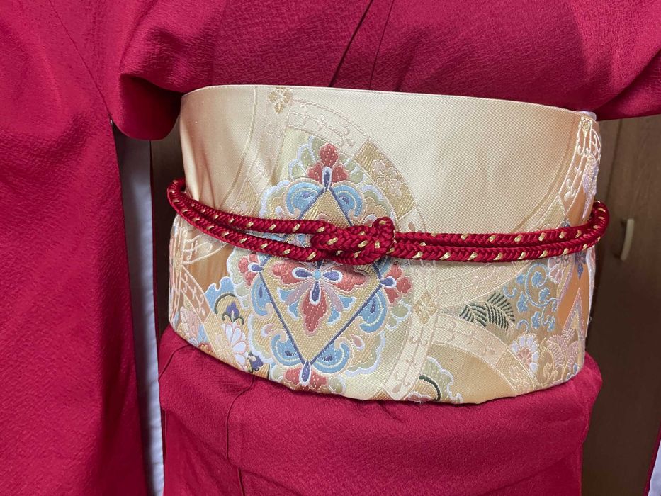 Japońskie kimono furisode + pas obi + sznur obijime + torebka