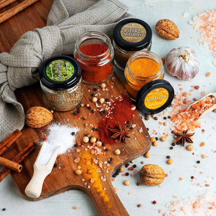 Zestaw przyprawy, zioła + 24x słoiczki 106 ml zakrętka + 75x etykiety