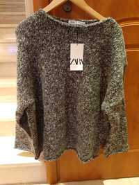 Sweter szary Zara M oversize dzianina szary melanż zima ciepły surowy