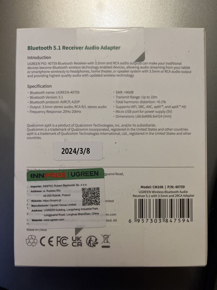Adapter odbiornik Bluetooth 5.1 UGREEN 2x RCA jack 3,5mm aptX HD