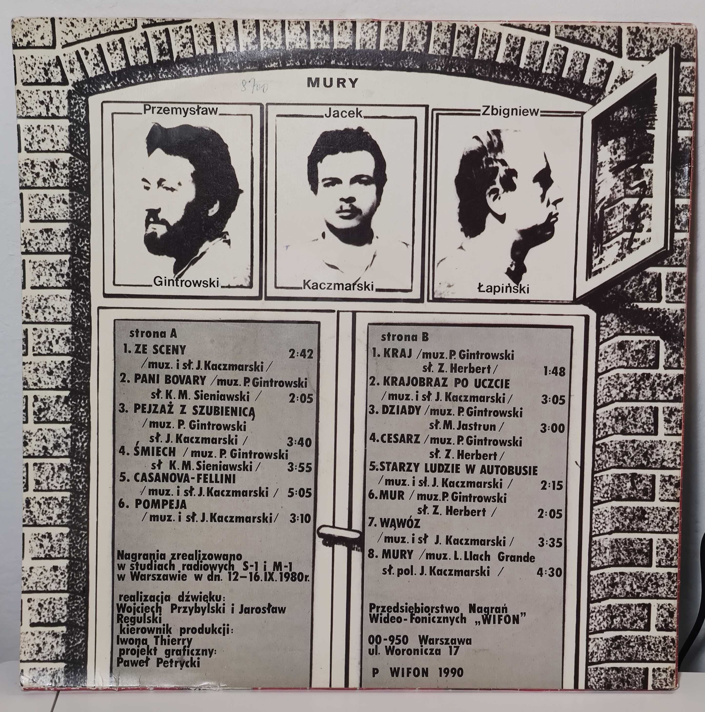 Mury. Jacek Kaczmarski Przemysław Gintrowski Zbigniew Łapiński LP VG+