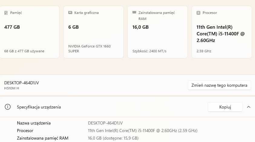 Komputer do gier i5 11400f 16gb ram gtx 1660 super ssd 512gb