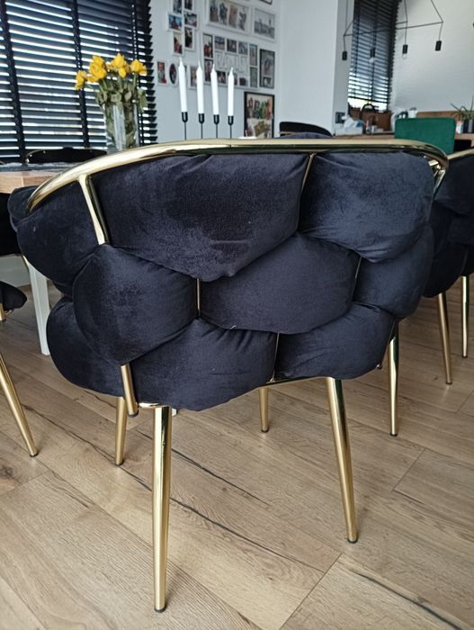 Krzesło Fotel Glamour Welur Bubble Plecione Czarne Złote