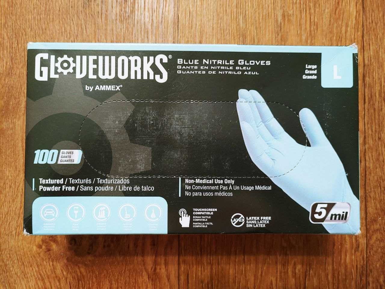 Голубые нитриловые перчатки Gloveworks 5 mil, размер L, 100 штук