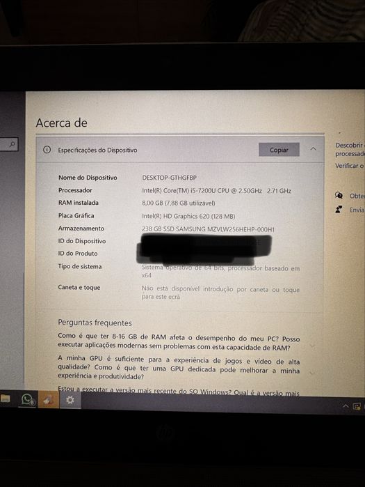 Portatil HP I5-7200U CPU 2,5Ghz