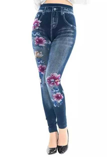 Legginsy kwiaty floral denim imitacja jeans