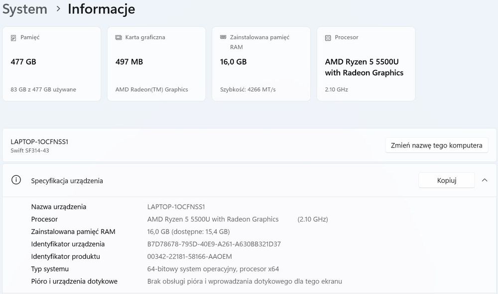 Laptop Acer Swift 3 N20C12 | stan idealny