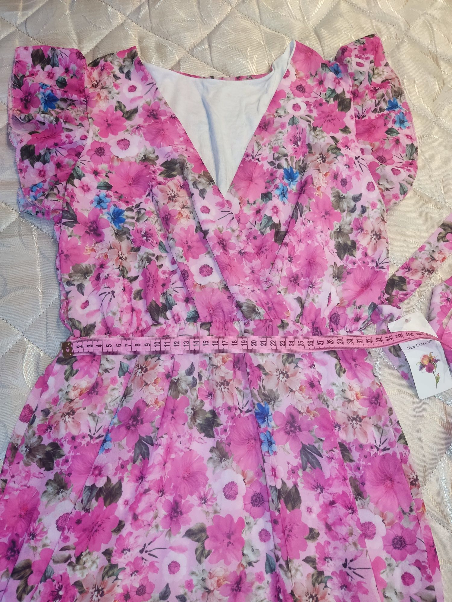 Платье макси розовое в принт Польша с поясом S-L