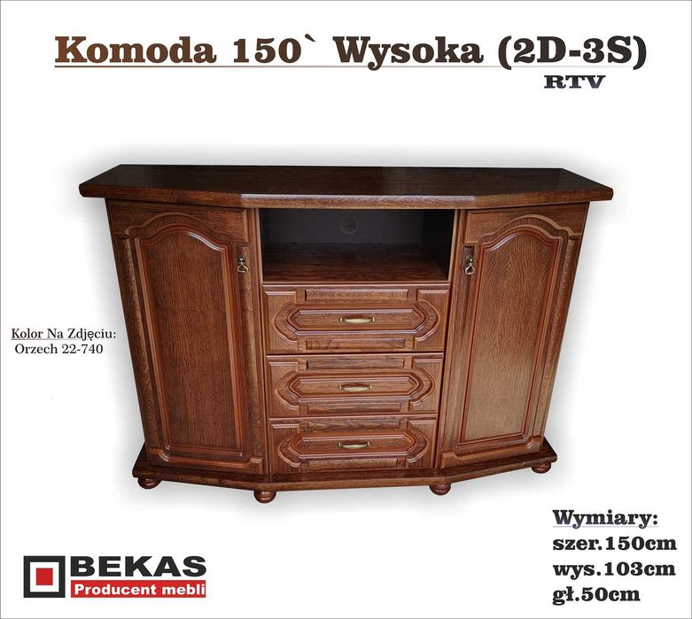 Stylowa Komoda RTV Wysoka 150 (2S-3S)Dąb Orzech Natura Bekas Producent