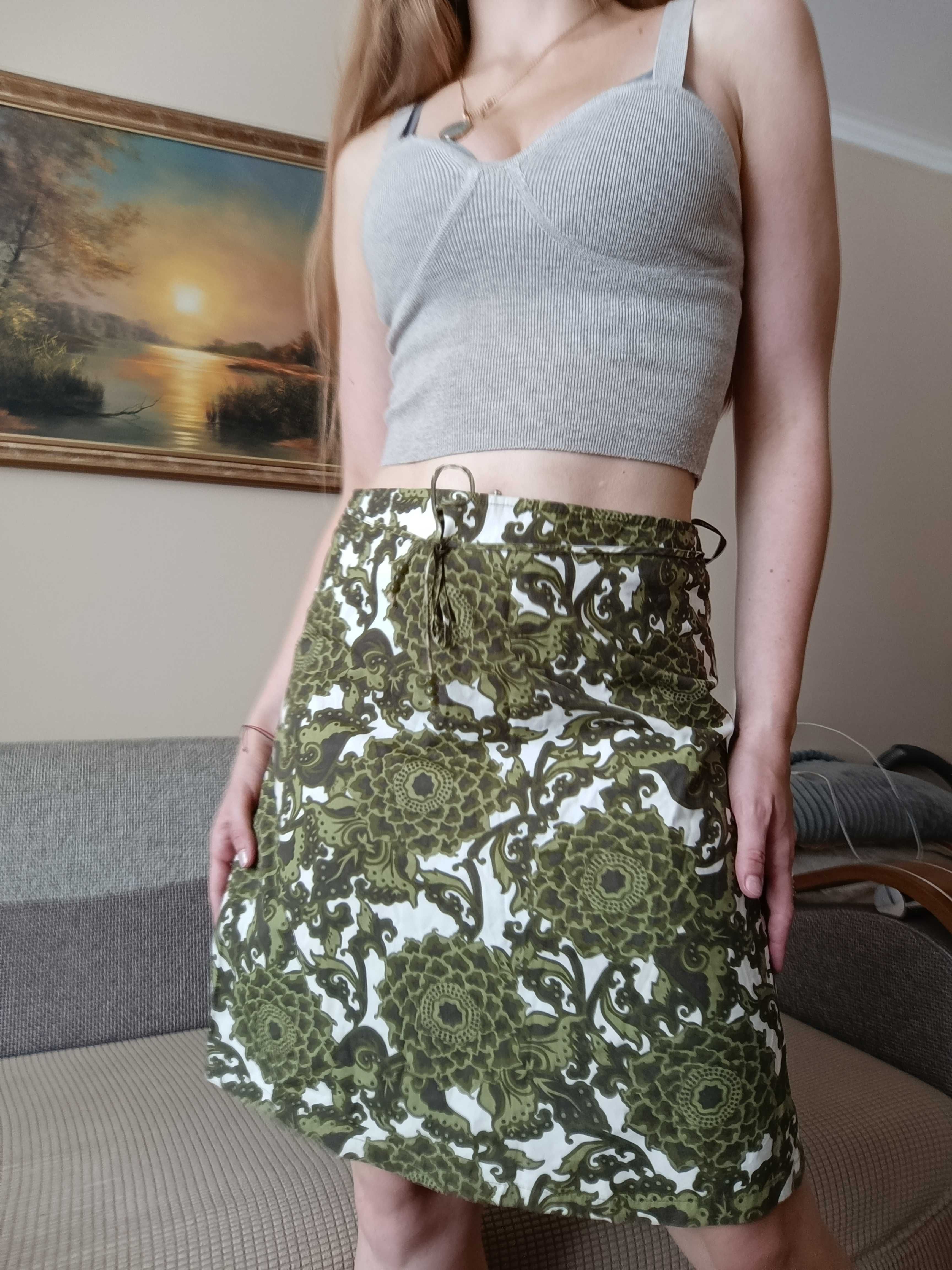Spódnica low rise midi skirt y2k biała w zielone kwiaty wzory bluszcz