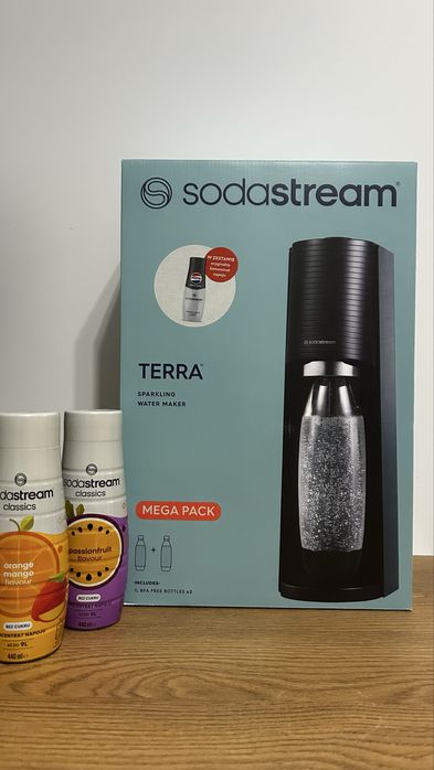 Sodastream Terra NOWY, gratis 3 syropy, 1 nabój i 2 butelki