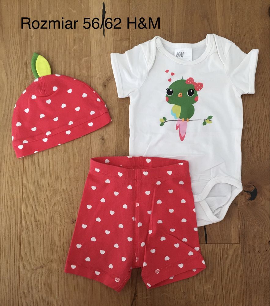 Komplet letni ptaszek body+spodenki+czapeczka r.56/62 H&M