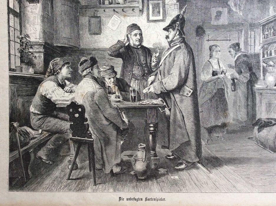 Os jogadores de cartas não autorizados. Litografia alemã do século XIX
