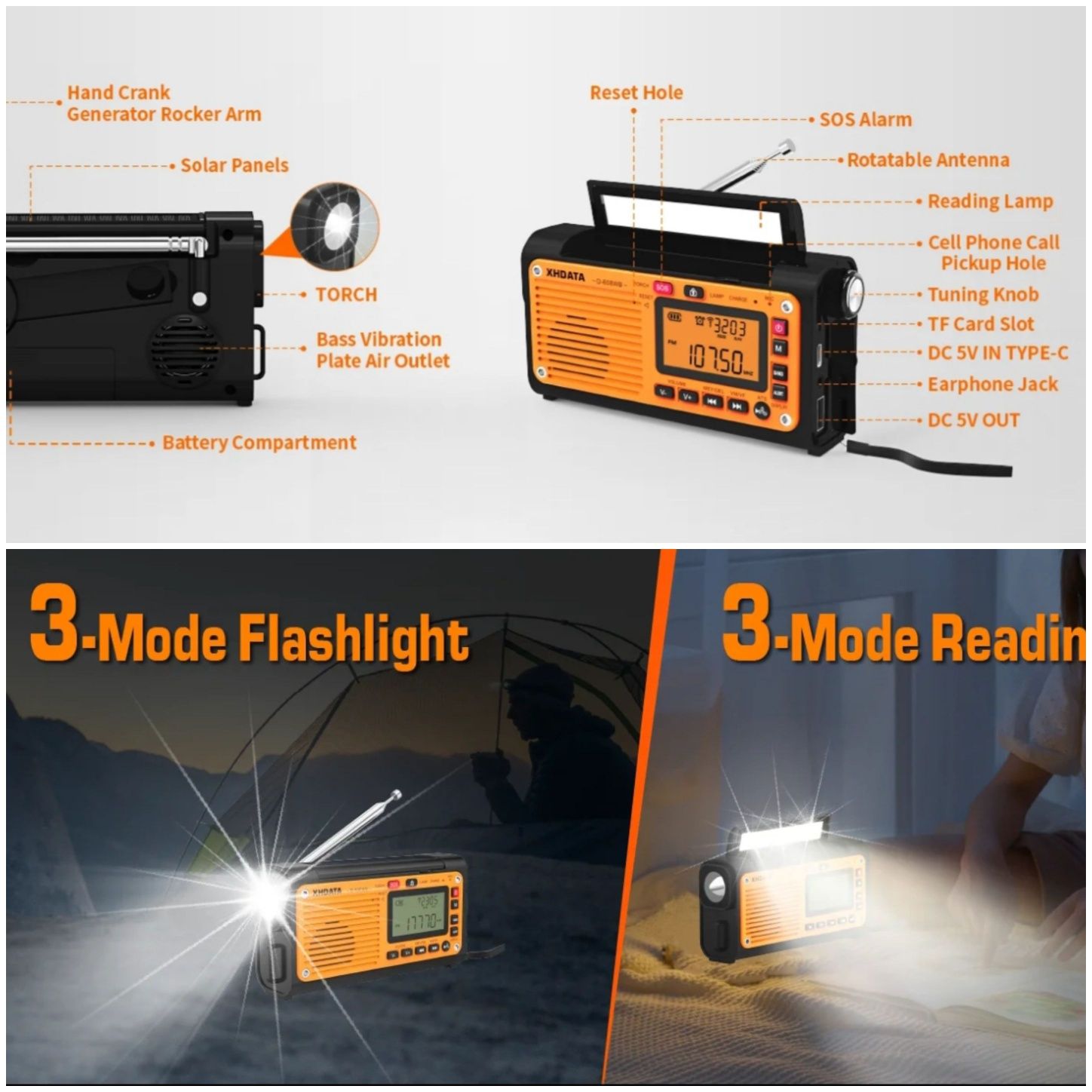 Xhdata D-608WB радиоприемник,fm,mw,sw, Bluetooth,18650, фонарь,ген-тор