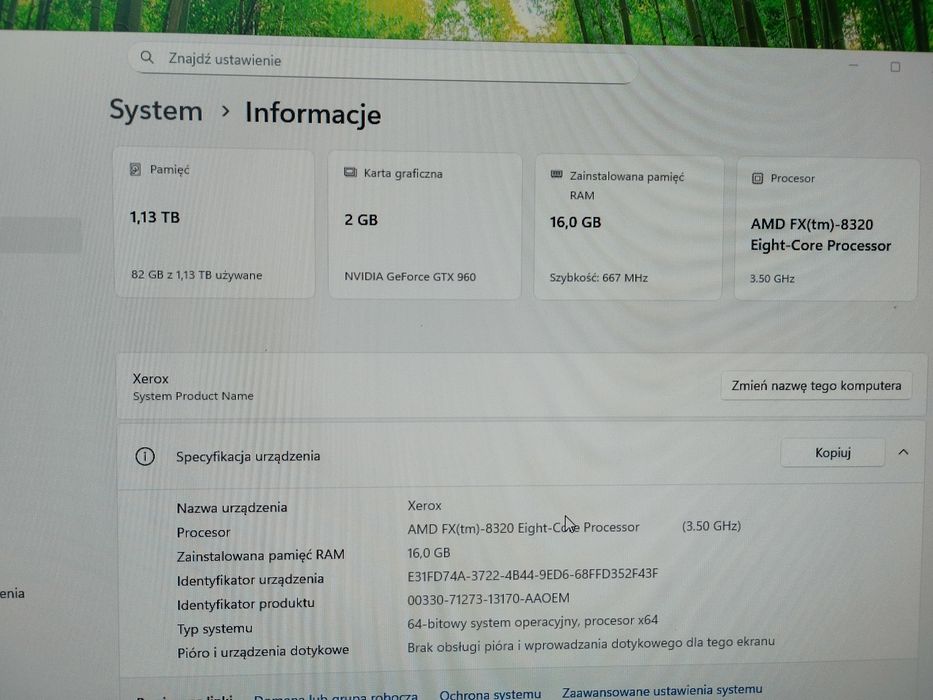 Komputer z monitorem 16gb ram, karta 2gb, dysk ssd 1,13gb, 8 rdzeni