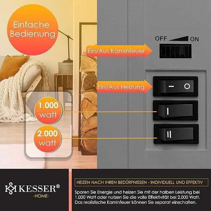 Kominek elektryczny z termowentylatorem kesser, LED, efekt płomieni