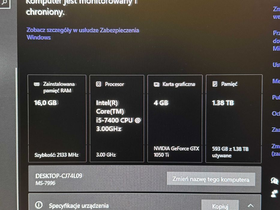Komputer stacjonarny i5-7400, GTX 1050Ti 4GB, 16 GB RAM