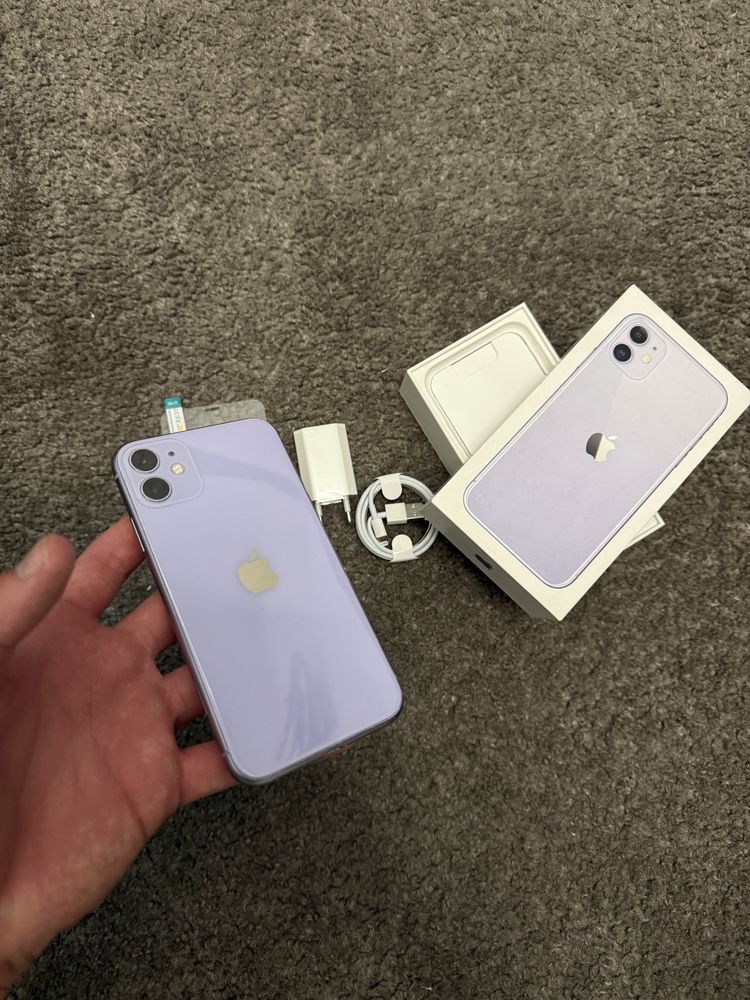 iPhone 11 64GB • Fioletowy • Jak nowy • Kostka • Kabel • Szkło