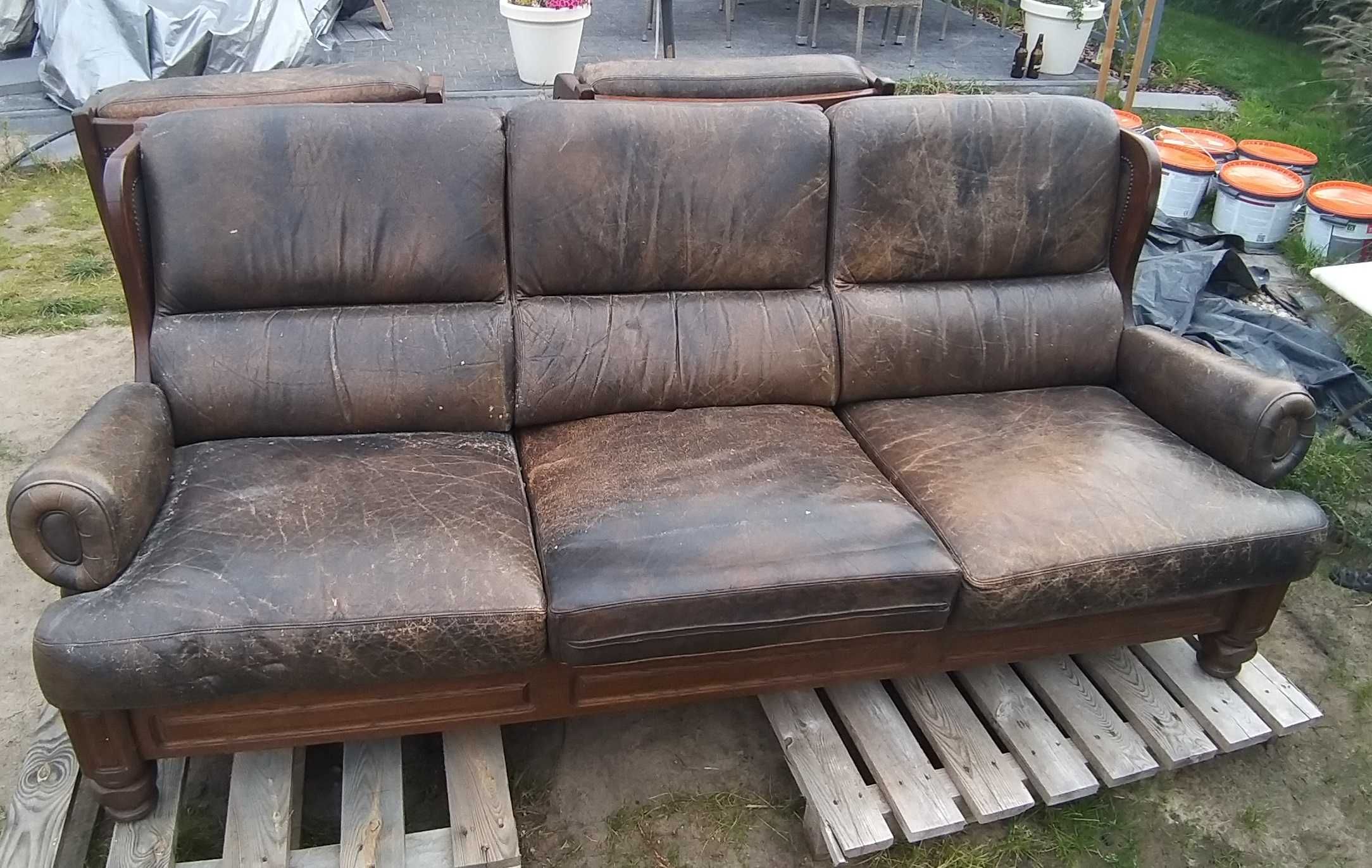 Kanapa, 2 fotele, skóra + drewno, do renowacji